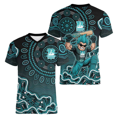 Brisbane Heat Cricket Mascot Women V-Neck T-Shirt Aboriginal Dot Art Cyan And Black Tribal Pattern