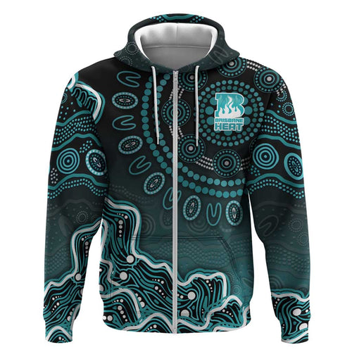 Brisbane Heat Cricket Mascot Zip Hoodie Aboriginal Dot Art Cyan And Black Tribal Pattern