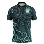 Brisbane Heat Cricket Mascot Zipper Polo Shirt Aboriginal Dot Art Cyan And Black Tribal Pattern