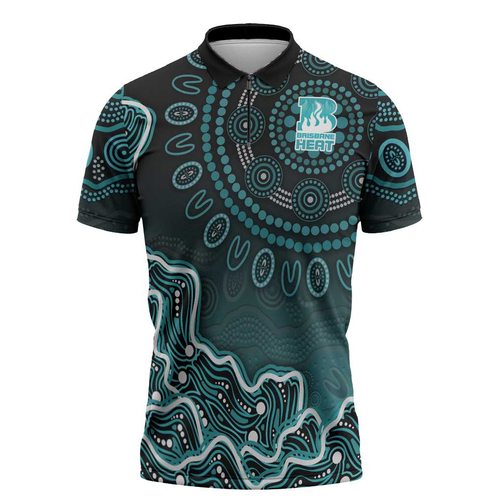 Brisbane Heat Cricket Mascot Zipper Polo Shirt Aboriginal Dot Art Cyan And Black Tribal Pattern