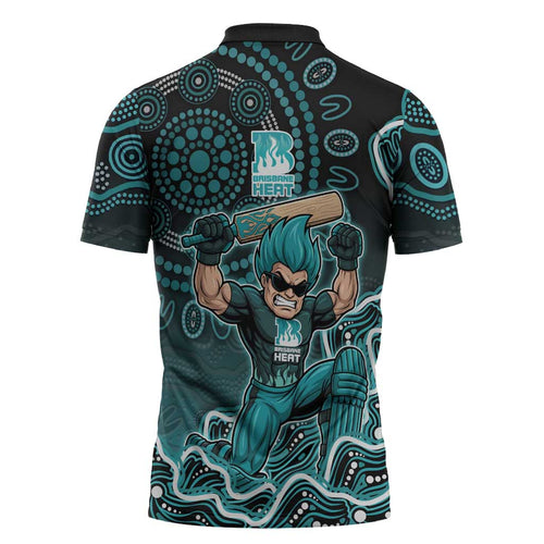 Brisbane Heat Cricket Mascot Zipper Polo Shirt Aboriginal Dot Art Cyan And Black Tribal Pattern