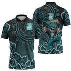 Brisbane Heat Cricket Mascot Zipper Polo Shirt Aboriginal Dot Art Cyan And Black Tribal Pattern