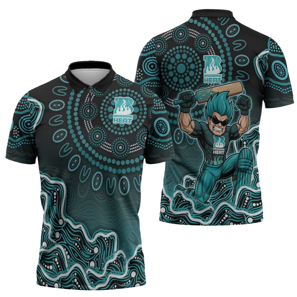 Brisbane Heat Cricket Mascot Zipper Polo Shirt Aboriginal Dot Art Cyan And Black Tribal Pattern