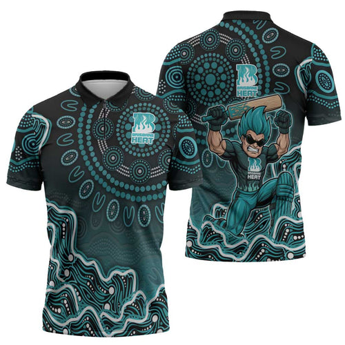 Brisbane Heat Cricket Mascot Zipper Polo Shirt Aboriginal Dot Art Cyan And Black Tribal Pattern