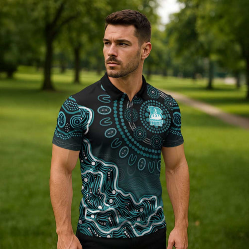 Brisbane Heat Cricket Mascot Zipper Polo Shirt Aboriginal Dot Art Cyan And Black Tribal Pattern