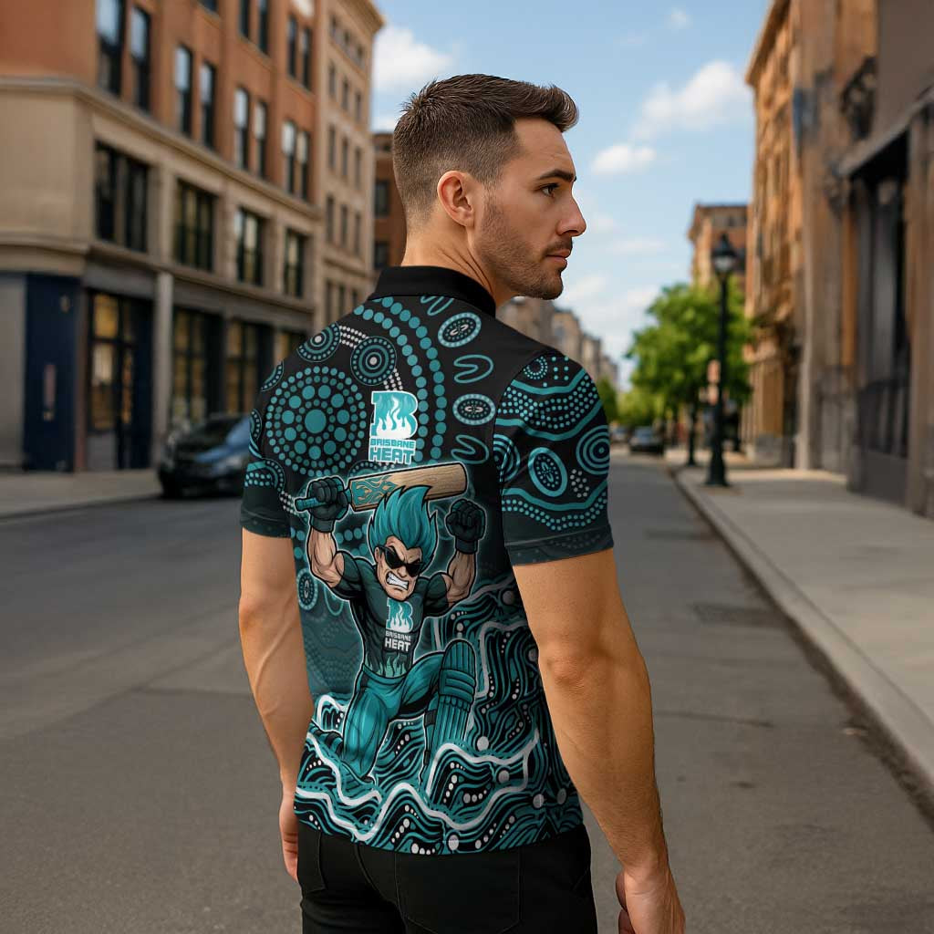 Brisbane Heat Cricket Mascot Zipper Polo Shirt Aboriginal Dot Art Cyan And Black Tribal Pattern