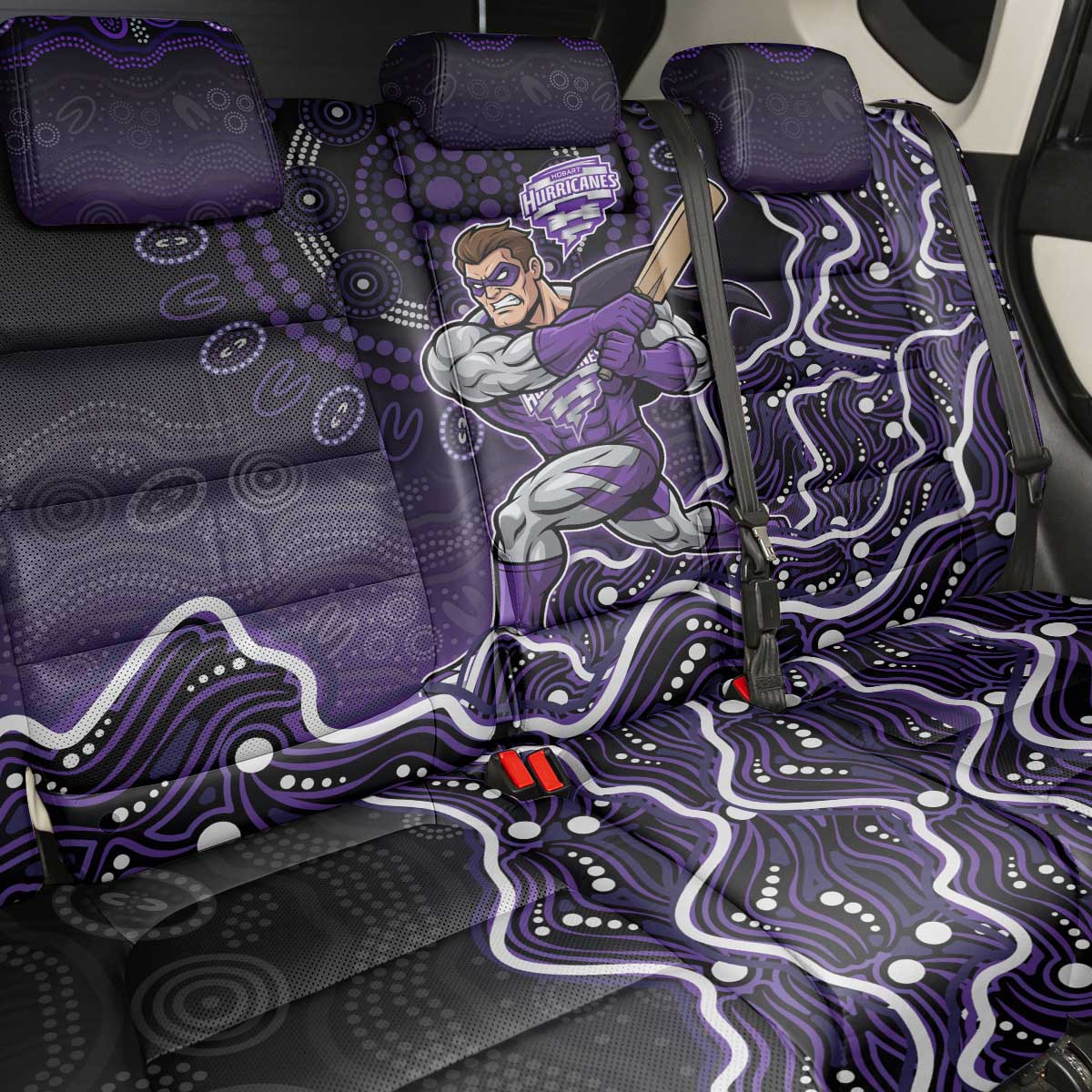 Hobart Hurricanes Cricket Mascot Back Car Seat Cover Aboriginal Dot Art Purple And Black Tribal Pattern