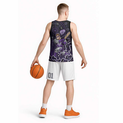Hobart Hurricanes Cricket Mascot Basketball Jersey Aboriginal Dot Art Purple And Black Tribal Pattern