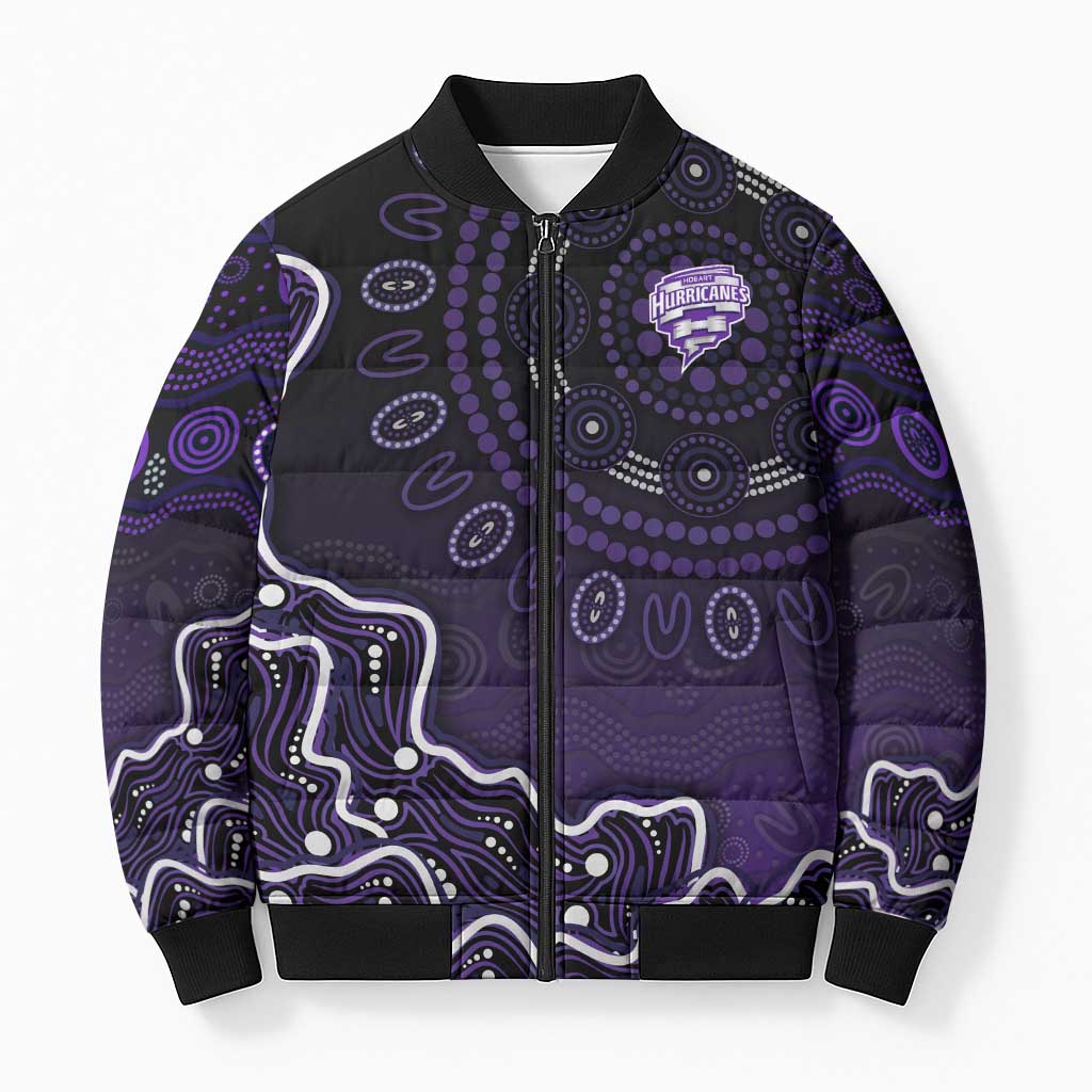Hobart Hurricanes Cricket Mascot Bomber Puffer Jacket Aboriginal Dot Art Purple And Black Tribal Pattern
