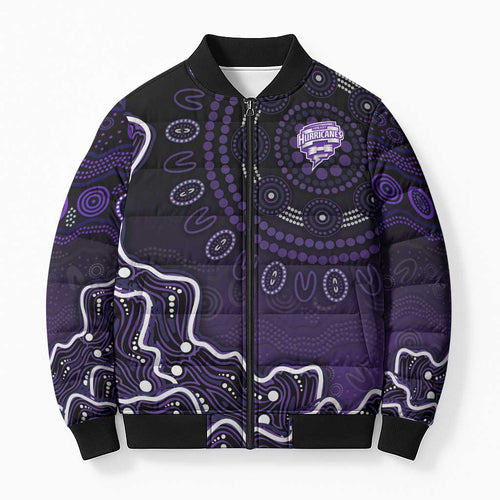 Hobart Hurricanes Cricket Mascot Bomber Puffer Jacket Aboriginal Dot Art Purple And Black Tribal Pattern