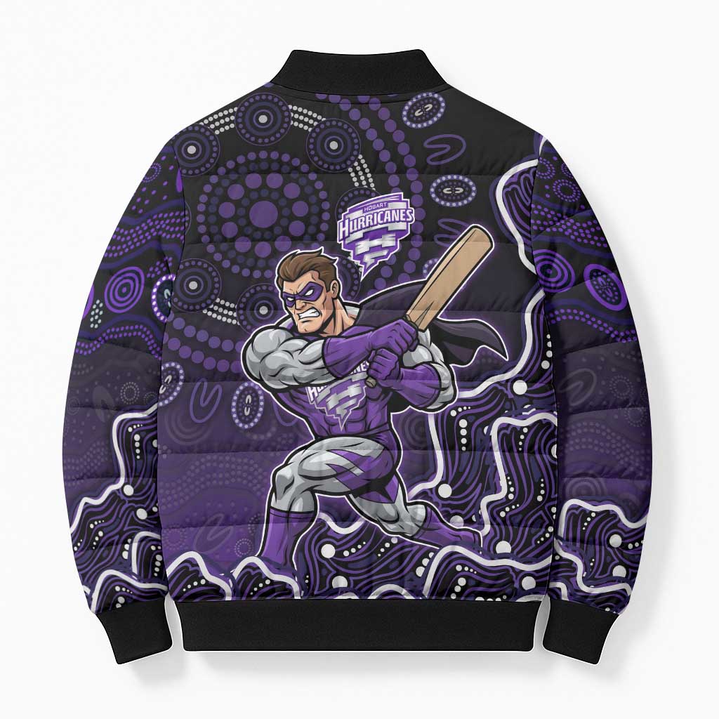 Hobart Hurricanes Cricket Mascot Bomber Puffer Jacket Aboriginal Dot Art Purple And Black Tribal Pattern