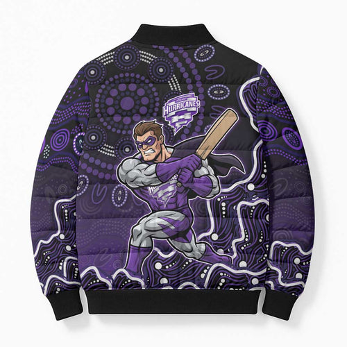 Hobart Hurricanes Cricket Mascot Bomber Puffer Jacket Aboriginal Dot Art Purple And Black Tribal Pattern
