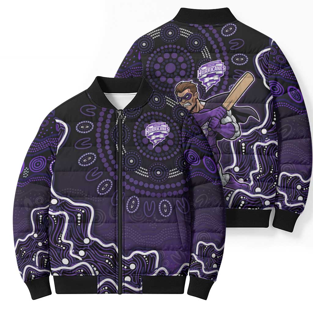 Hobart Hurricanes Cricket Mascot Bomber Puffer Jacket Aboriginal Dot Art Purple And Black Tribal Pattern