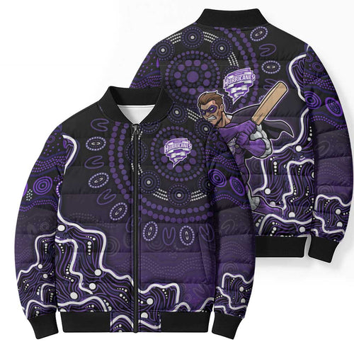 Hobart Hurricanes Cricket Mascot Bomber Puffer Jacket Aboriginal Dot Art Purple And Black Tribal Pattern