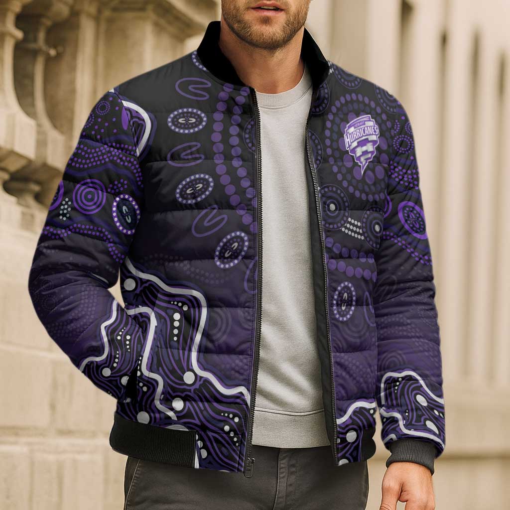 Hobart Hurricanes Cricket Mascot Bomber Puffer Jacket Aboriginal Dot Art Purple And Black Tribal Pattern