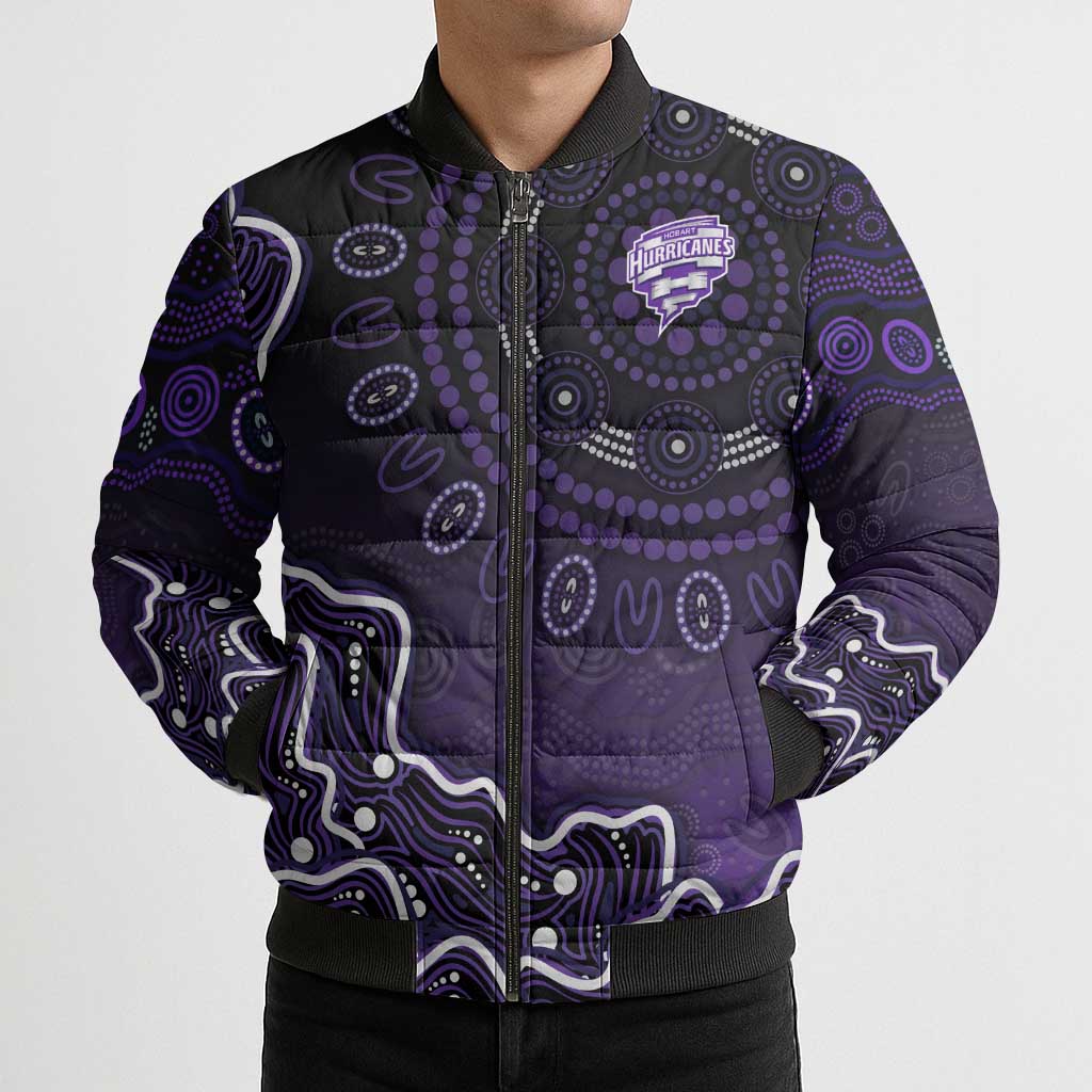 Hobart Hurricanes Cricket Mascot Bomber Puffer Jacket Aboriginal Dot Art Purple And Black Tribal Pattern