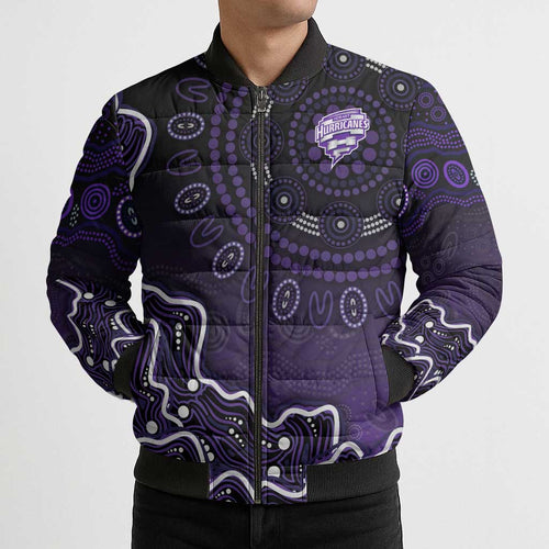 Hobart Hurricanes Cricket Mascot Bomber Puffer Jacket Aboriginal Dot Art Purple And Black Tribal Pattern