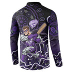 Hobart Hurricanes Cricket Mascot Button Sweatshirt Aboriginal Dot Art Purple And Black Tribal Pattern