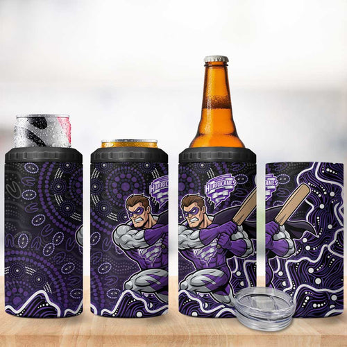 Hobart Hurricanes Cricket Mascot 4 in 1 Can Cooler Tumbler Aboriginal Dot Art Purple And Black Tribal Pattern