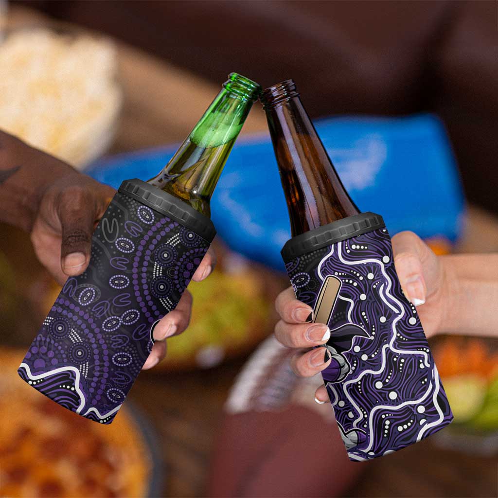 Hobart Hurricanes Cricket Mascot 4 in 1 Can Cooler Tumbler Aboriginal Dot Art Purple And Black Tribal Pattern
