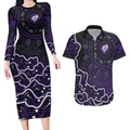 Hobart Hurricanes Cricket Mascot Couples Matching Long Sleeve Bodycon Dress and Hawaiian Shirt Aboriginal Dot Art Purple And Black Tribal Pattern