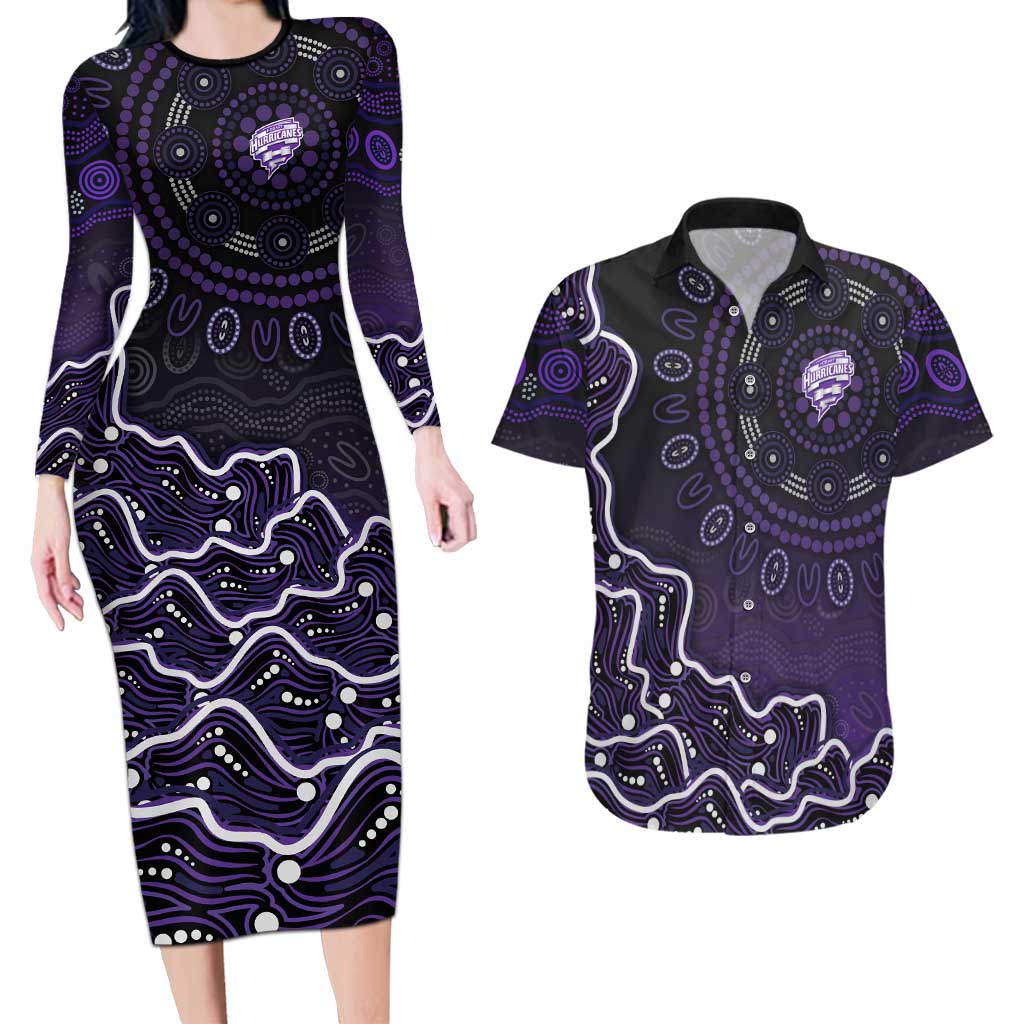 Hobart Hurricanes Cricket Mascot Couples Matching Long Sleeve Bodycon Dress and Hawaiian Shirt Aboriginal Dot Art Purple And Black Tribal Pattern
