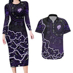 Hobart Hurricanes Cricket Mascot Couples Matching Long Sleeve Bodycon Dress and Hawaiian Shirt Aboriginal Dot Art Purple And Black Tribal Pattern