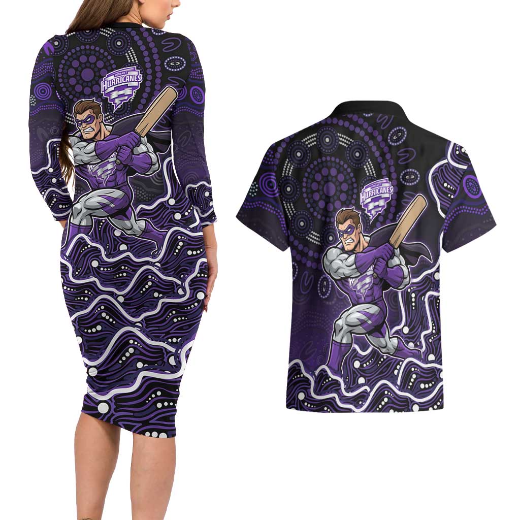 Hobart Hurricanes Cricket Mascot Couples Matching Long Sleeve Bodycon Dress and Hawaiian Shirt Aboriginal Dot Art Purple And Black Tribal Pattern