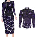 Hobart Hurricanes Cricket Mascot Couples Matching Long Sleeve Bodycon Dress and Long Sleeve Button Shirt Aboriginal Dot Art Purple And Black Tribal Pattern