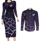 Hobart Hurricanes Cricket Mascot Couples Matching Long Sleeve Bodycon Dress and Long Sleeve Button Shirt Aboriginal Dot Art Purple And Black Tribal Pattern