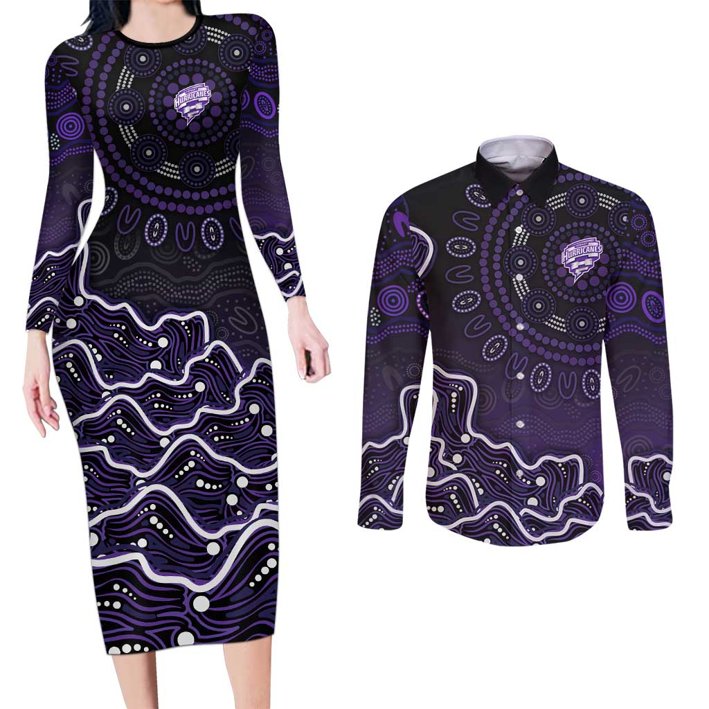 Hobart Hurricanes Cricket Mascot Couples Matching Long Sleeve Bodycon Dress and Long Sleeve Button Shirt Aboriginal Dot Art Purple And Black Tribal Pattern
