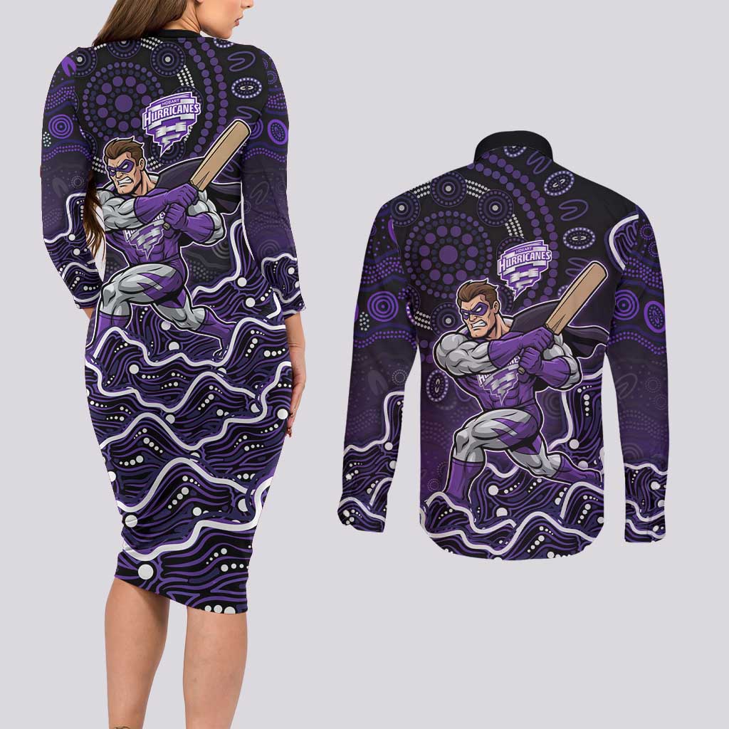 Hobart Hurricanes Cricket Mascot Couples Matching Long Sleeve Bodycon Dress and Long Sleeve Button Shirt Aboriginal Dot Art Purple And Black Tribal Pattern