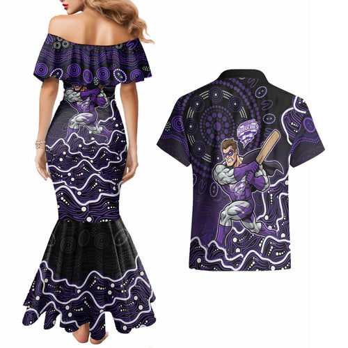 Hobart Hurricanes Cricket Mascot Couples Matching Mermaid Dress and Hawaiian Shirt Aboriginal Dot Art Purple And Black Tribal Pattern
