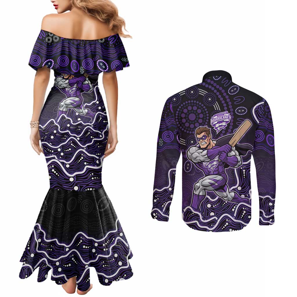 Hobart Hurricanes Cricket Mascot Couples Matching Mermaid Dress and Long Sleeve Button Shirt Aboriginal Dot Art Purple And Black Tribal Pattern