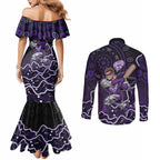 Hobart Hurricanes Cricket Mascot Couples Matching Mermaid Dress and Long Sleeve Button Shirt Aboriginal Dot Art Purple And Black Tribal Pattern