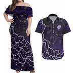 Hobart Hurricanes Cricket Mascot Couples Matching Off Shoulder Maxi Dress and Hawaiian Shirt Aboriginal Dot Art Purple And Black Tribal Pattern