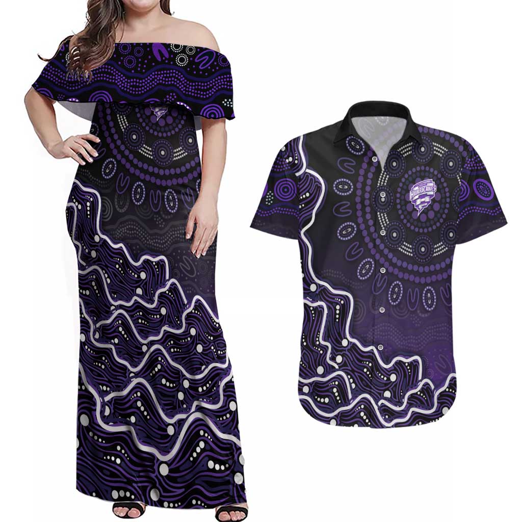 Hobart Hurricanes Cricket Mascot Couples Matching Off Shoulder Maxi Dress and Hawaiian Shirt Aboriginal Dot Art Purple And Black Tribal Pattern