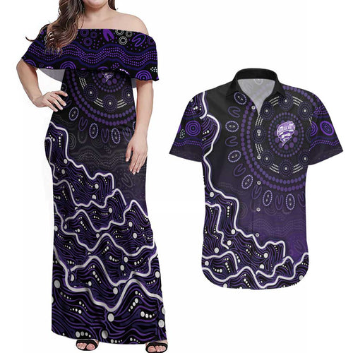 Hobart Hurricanes Cricket Mascot Couples Matching Off Shoulder Maxi Dress and Hawaiian Shirt Aboriginal Dot Art Purple And Black Tribal Pattern