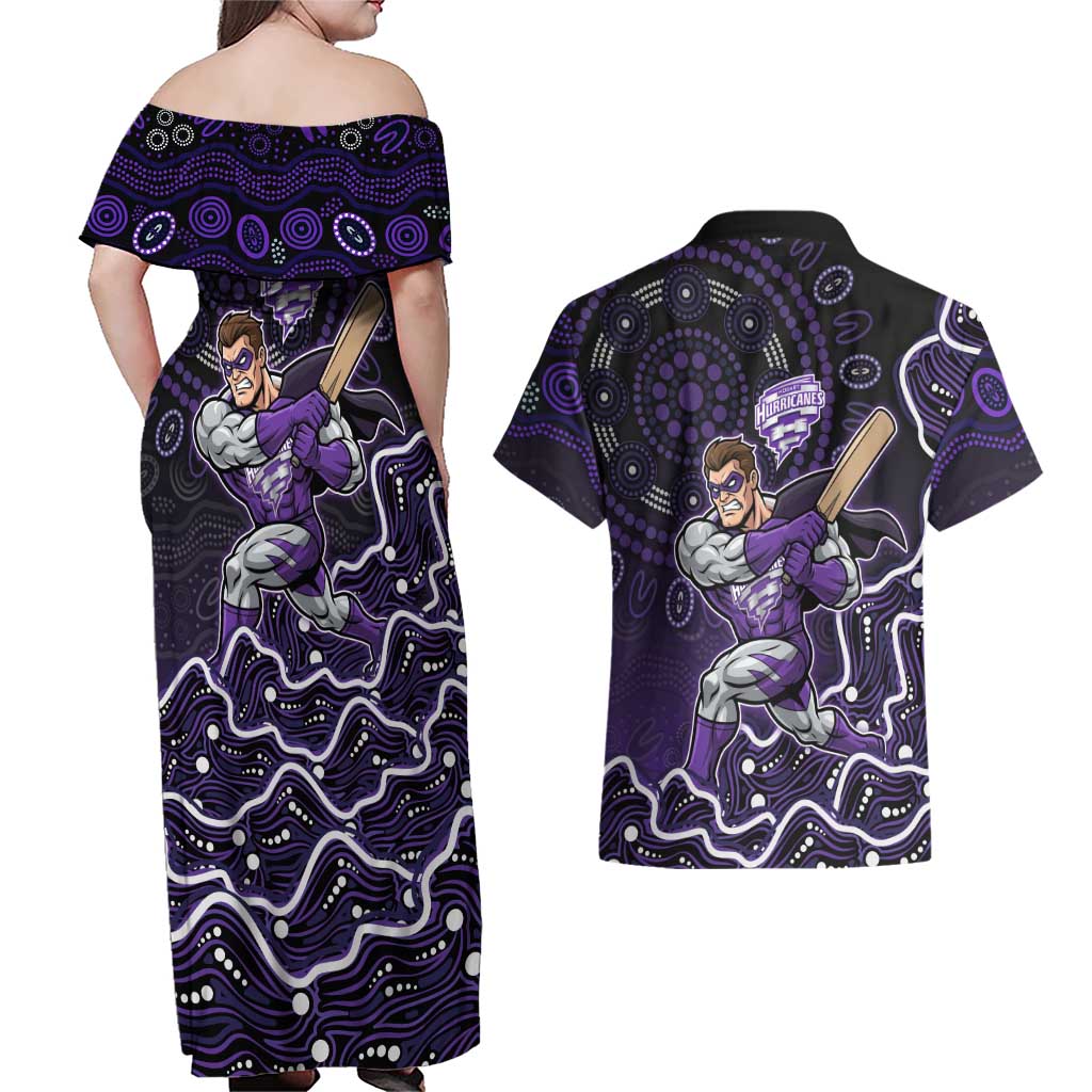 Hobart Hurricanes Cricket Mascot Couples Matching Off Shoulder Maxi Dress and Hawaiian Shirt Aboriginal Dot Art Purple And Black Tribal Pattern