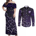 Hobart Hurricanes Cricket Mascot Couples Matching Off Shoulder Maxi Dress and Long Sleeve Button Shirt Aboriginal Dot Art Purple And Black Tribal Pattern