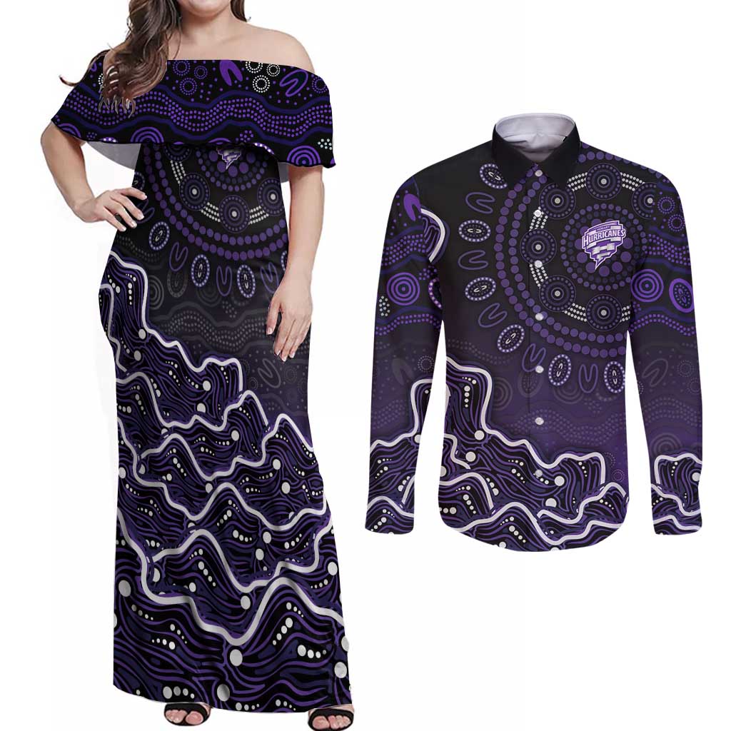 Hobart Hurricanes Cricket Mascot Couples Matching Off Shoulder Maxi Dress and Long Sleeve Button Shirt Aboriginal Dot Art Purple And Black Tribal Pattern