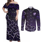 Hobart Hurricanes Cricket Mascot Couples Matching Off Shoulder Maxi Dress and Long Sleeve Button Shirt Aboriginal Dot Art Purple And Black Tribal Pattern