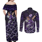 Hobart Hurricanes Cricket Mascot Couples Matching Off Shoulder Maxi Dress and Long Sleeve Button Shirt Aboriginal Dot Art Purple And Black Tribal Pattern