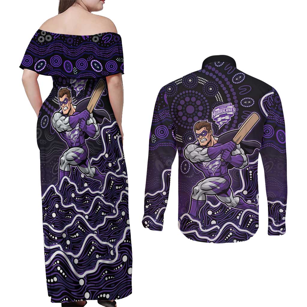 Hobart Hurricanes Cricket Mascot Couples Matching Off Shoulder Maxi Dress and Long Sleeve Button Shirt Aboriginal Dot Art Purple And Black Tribal Pattern
