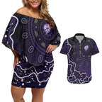 Hobart Hurricanes Cricket Mascot Couples Matching Off Shoulder Short Dress and Hawaiian Shirt Aboriginal Dot Art Purple And Black Tribal Pattern
