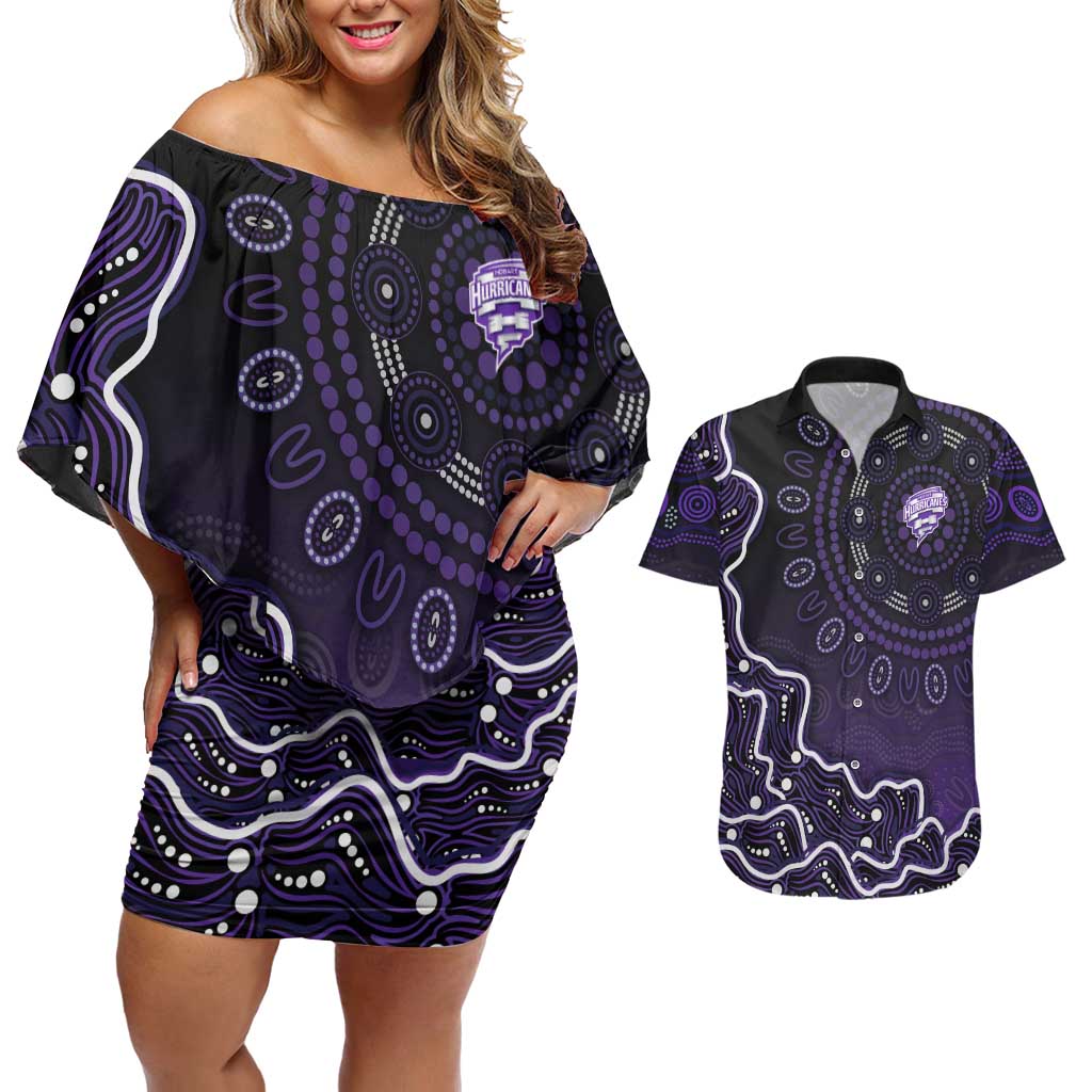 Hobart Hurricanes Cricket Mascot Couples Matching Off Shoulder Short Dress and Hawaiian Shirt Aboriginal Dot Art Purple And Black Tribal Pattern