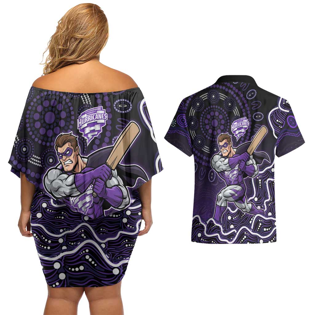 Hobart Hurricanes Cricket Mascot Couples Matching Off Shoulder Short Dress and Hawaiian Shirt Aboriginal Dot Art Purple And Black Tribal Pattern