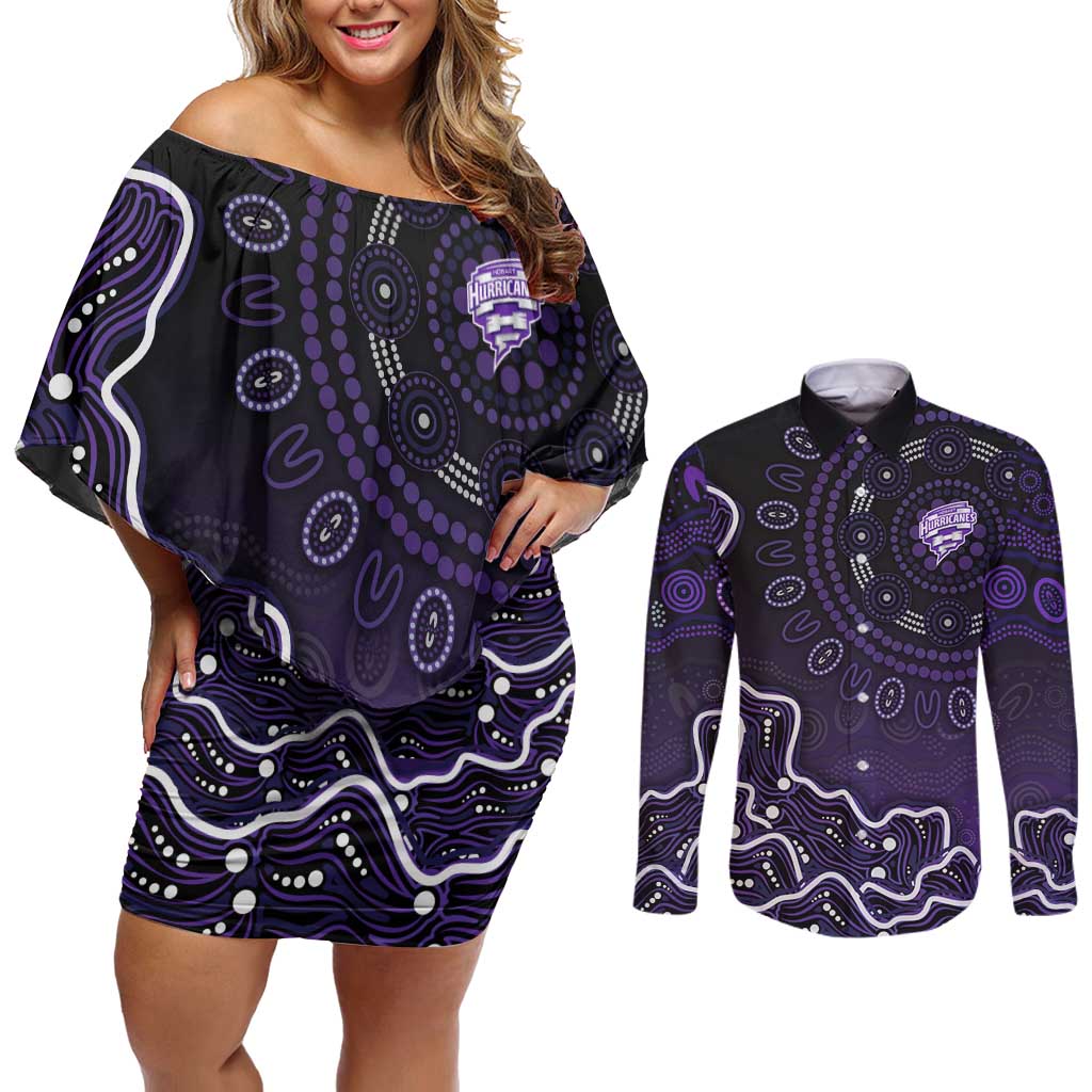 Hobart Hurricanes Cricket Mascot Couples Matching Off Shoulder Short Dress and Long Sleeve Button Shirt Aboriginal Dot Art Purple And Black Tribal Pattern