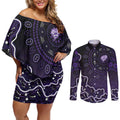 Hobart Hurricanes Cricket Mascot Couples Matching Off Shoulder Short Dress and Long Sleeve Button Shirt Aboriginal Dot Art Purple And Black Tribal Pattern