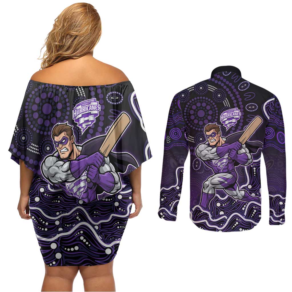 Hobart Hurricanes Cricket Mascot Couples Matching Off Shoulder Short Dress and Long Sleeve Button Shirt Aboriginal Dot Art Purple And Black Tribal Pattern